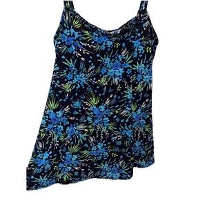 Gabar Swim Ruffle Dress Swimsuit Blue Green & Black Floral Print Size 10